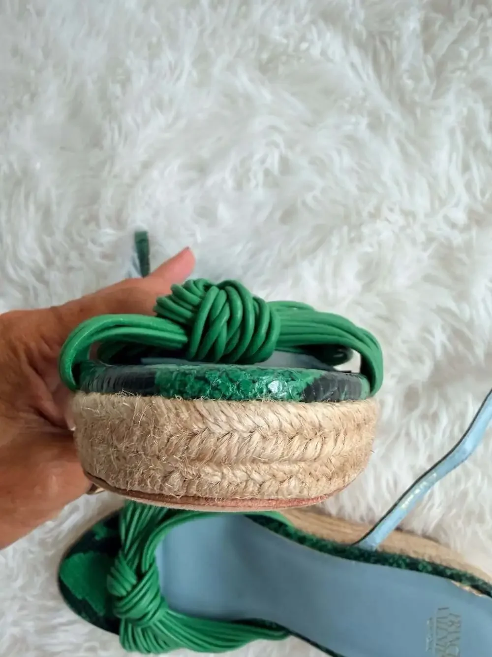 Frances Valentine Green Snakeskin Knotted Espadrille Wedge Sandals
